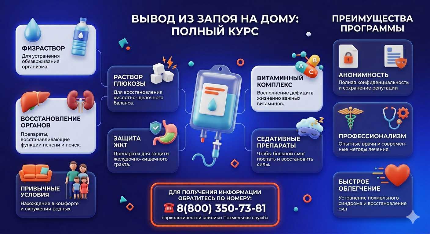 Инфографика о составе капельницы от запоя на дому и преимуществах анонимного лечения в клинике Похмельная служба.
